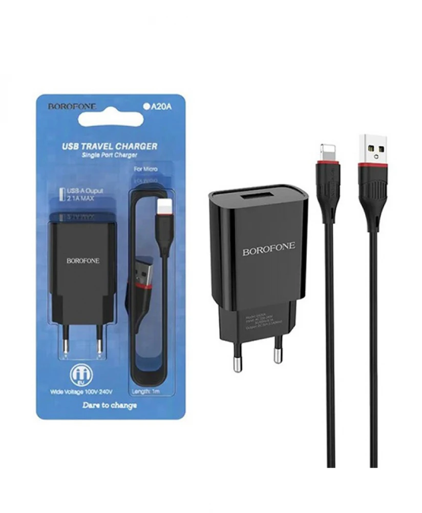 Зарядное устройство с Lightning кабелем блок для зарядки с EU штекером и USB разъемом 2.1A (BAZ0ALightningBlack)