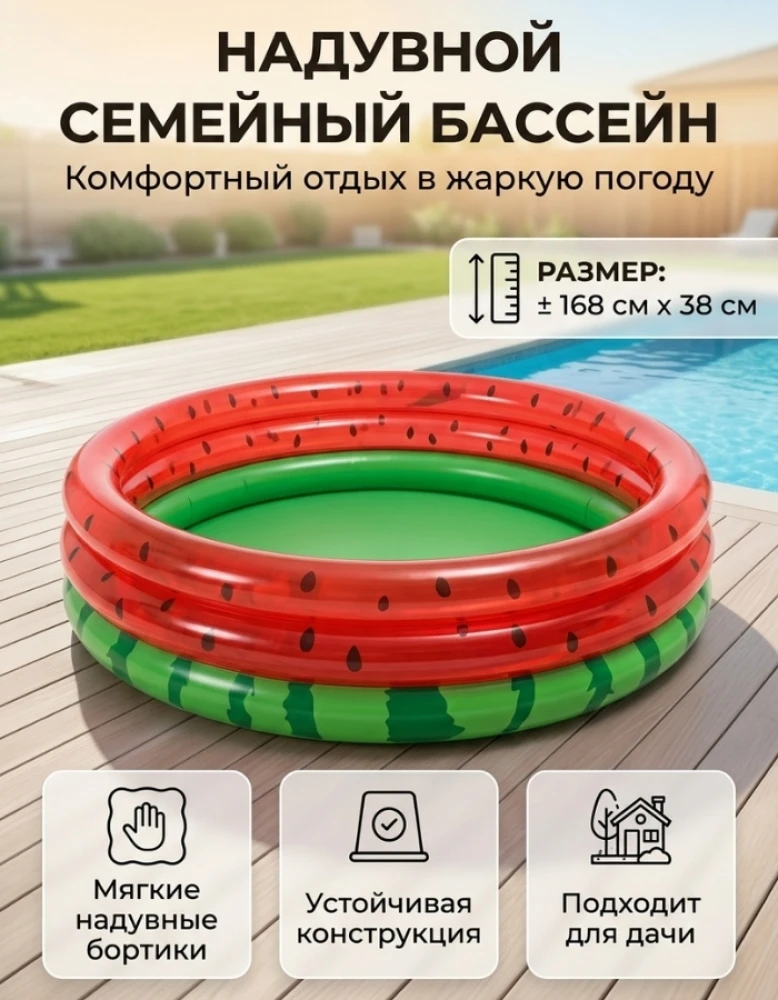 Надувной семейный бассейн 168×38 см с дизайном «Арбуз»