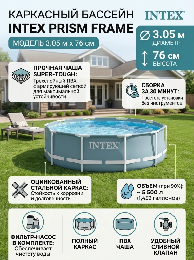 Каркасный бассейн INTEX Prism Frame 305×76 см