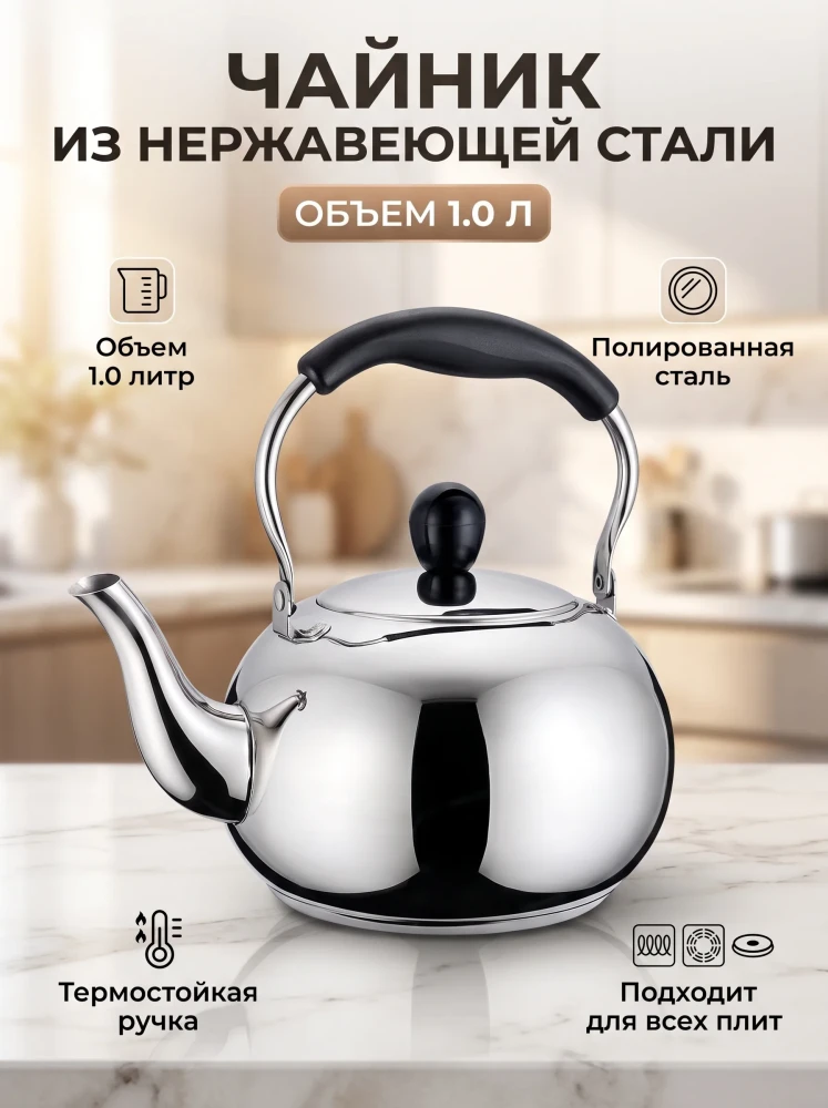 Чайник из нержавеющей стали 1.0 л для всех типов плит с термостойкой ручкой
