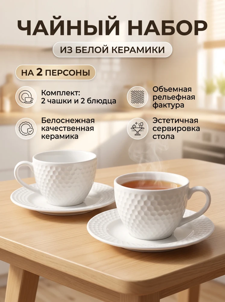 Набор чайных пар керамический на 2 персоны 4 предмета чашки с блюдцами белые фактурные