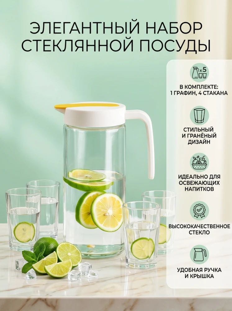 Элегантный набор стеклянной посуды для напитков из 5 предметов, кувшин с крышкой + 4 гранёных стакана