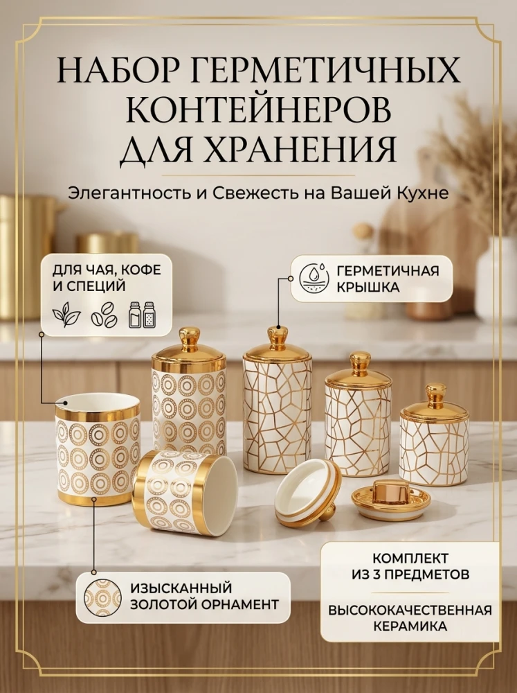 Набор керамических банок для сыпучих продуктов SEALED POT из 3 предметов, герметичные контейнеры для специй, чая, кофе и сахара с золотым узором