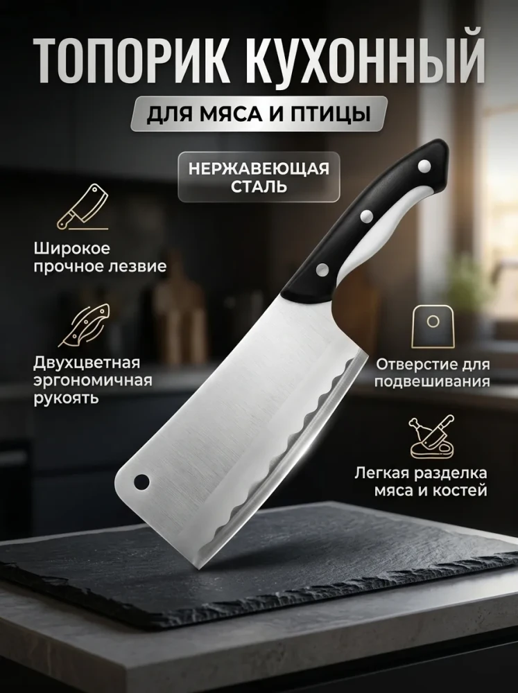 Топорик кухонный для мяса и птицы из нержавеющей стали с двухцветной эргономичной рукоятью