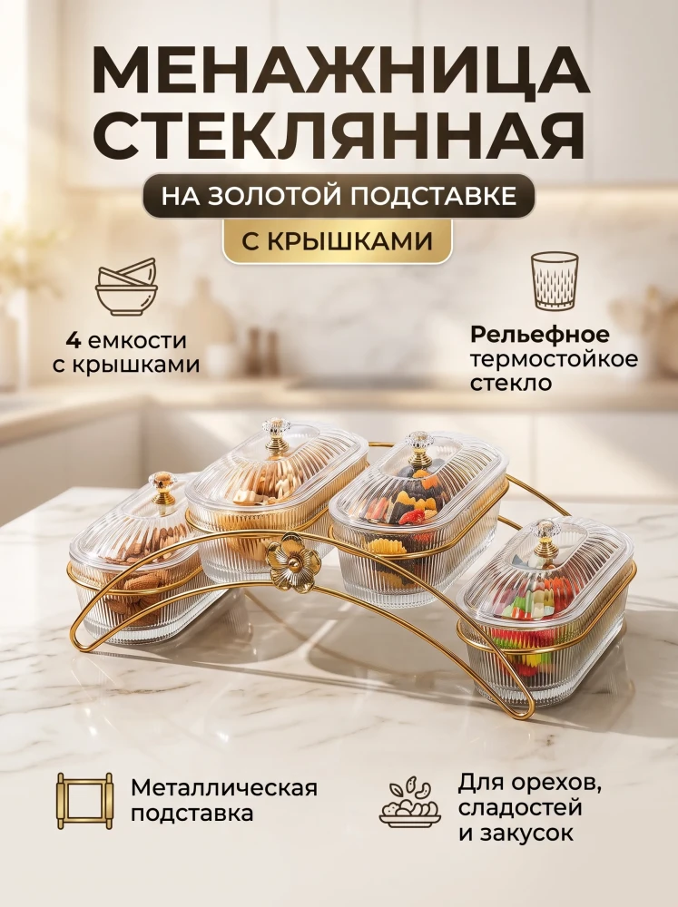 Менажница для закусок на металлической стойке с крышками набор емкостей для орехов и сухофруктов 4 секции