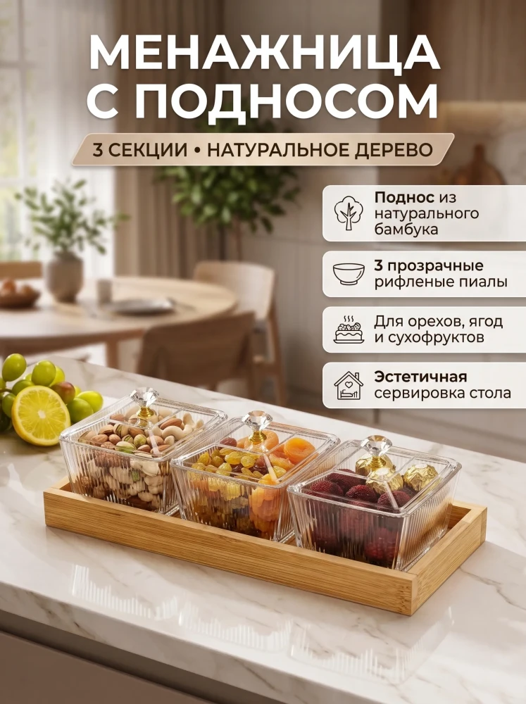 Менажница с подносом сервировочная 3 секции