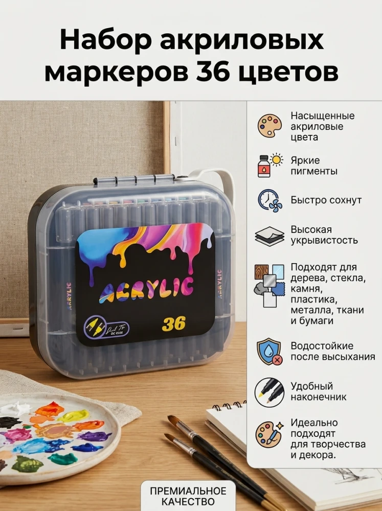 Набор акриловых маркеров, 36 цветов, двусторонние маркеры для рисования, росписи и декорирования, универсальные акриловые фломастеры