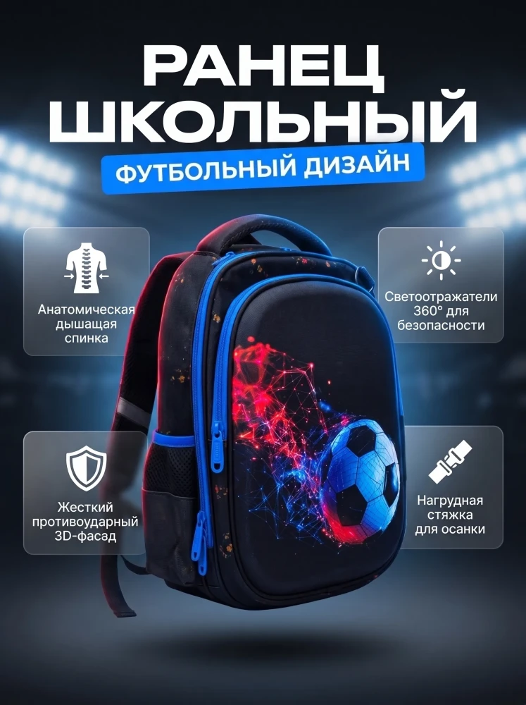 Рюкзак школьный для мальчиков ранец портфель футбольный мяч футбол черный синий 3D анатомический