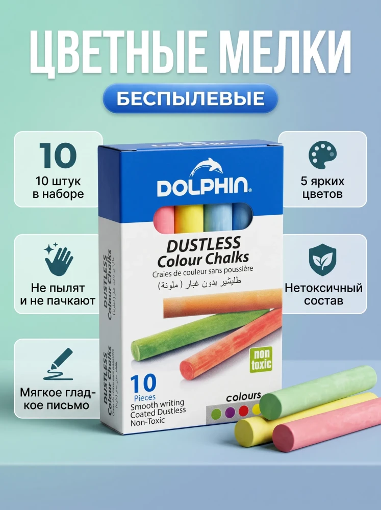 Мелки цветные беспылевые Dolphin 10 штук нетоксичные для рисования