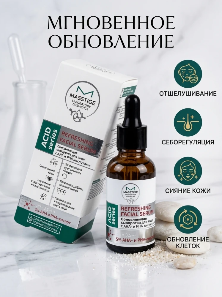 Обновляющая сыворотка для лица MASSTIGE Laboratory Cosmetics Acid Series с AHA и PHA-кислотами, 30 мл