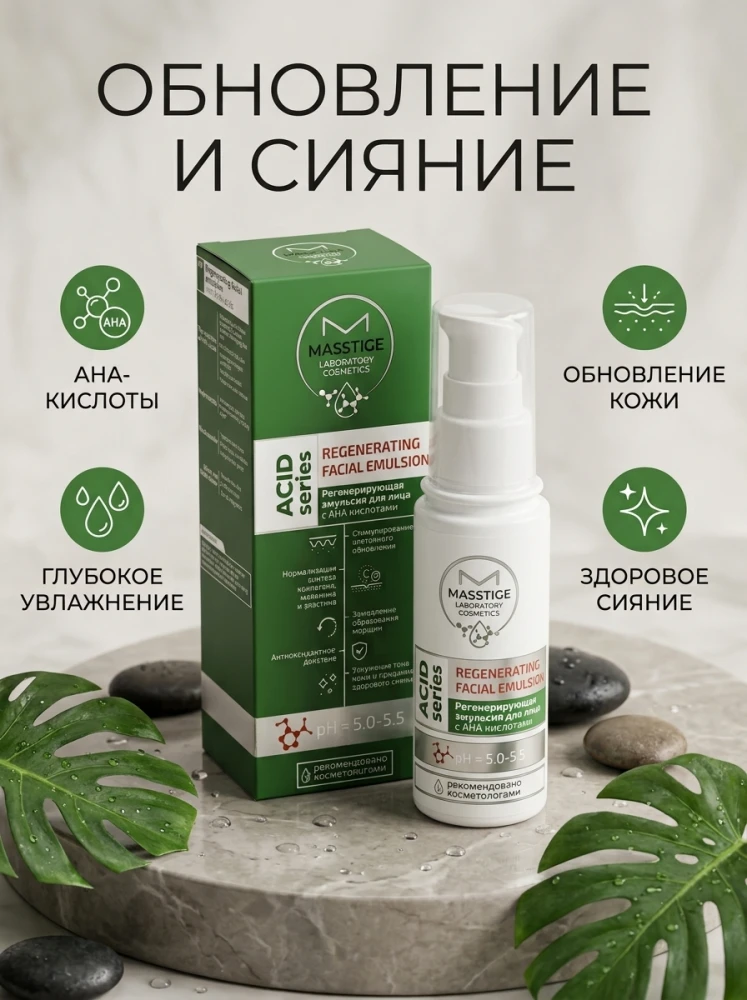 Регенерирующая эмульсия для лица MASSTIGE Laboratory Cosmetics Acid Series с AHA-кислотами, 30 мл