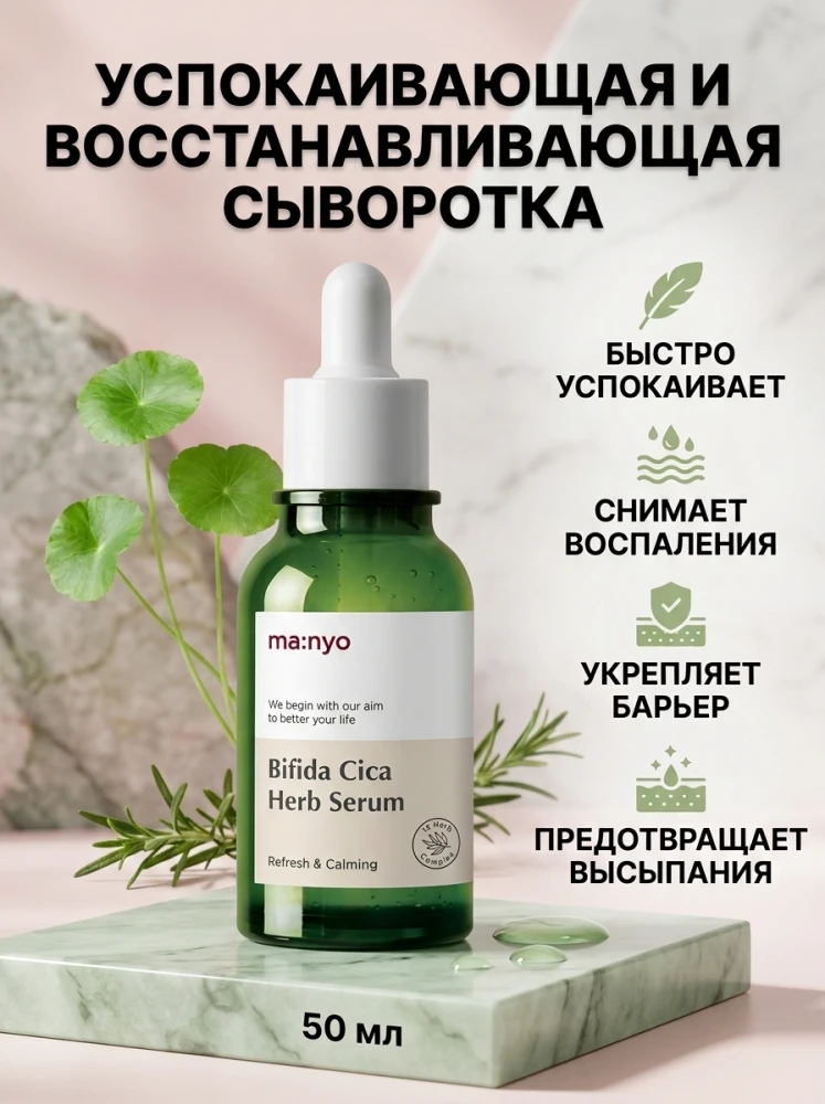 Успокаивающая сыворотка для лица ma:nyo Bifida Cica Herb Serum с бифидой и центеллой, 50 мл