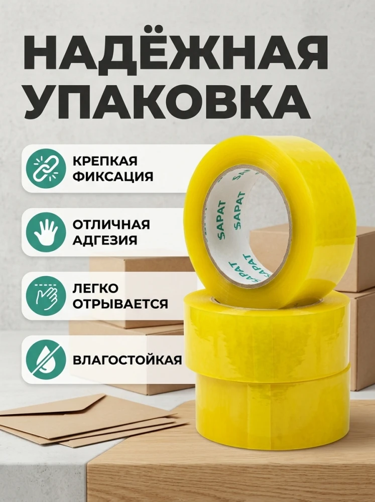 Скотч упаковочный жёлтый, прозрачный, прочная клейкая лента для коробок и упаковки