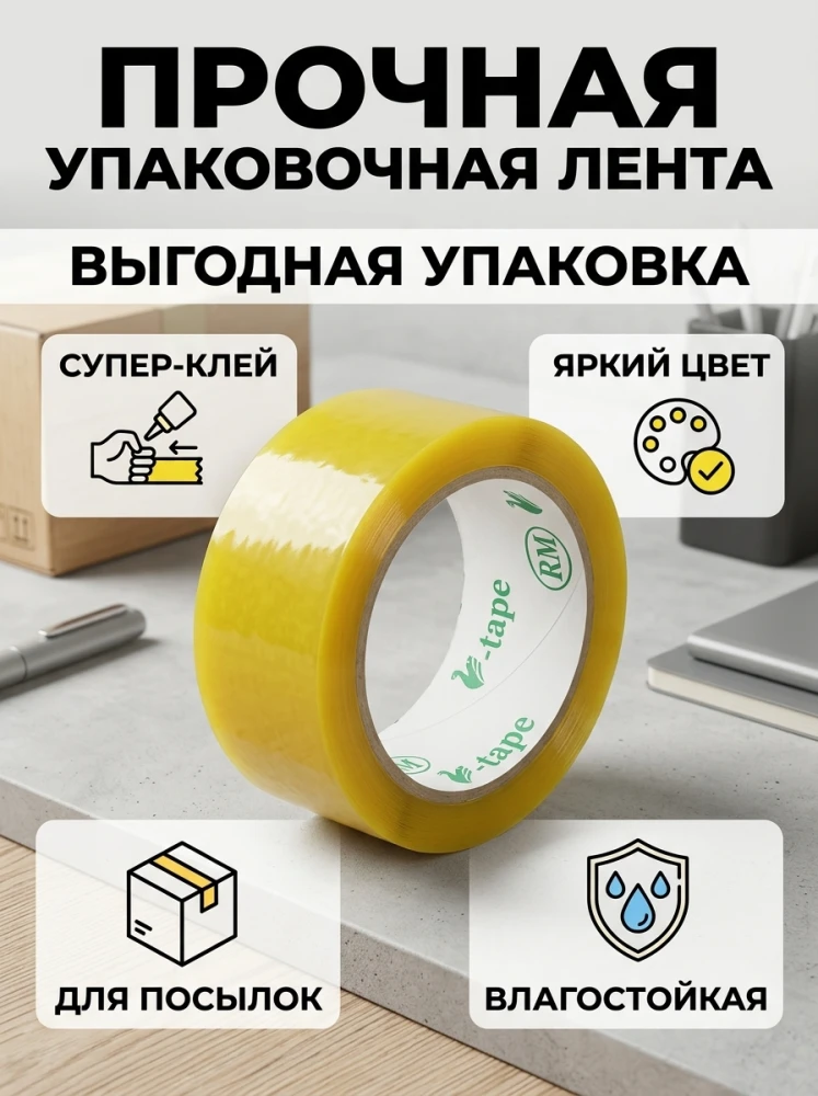 Скотч упаковочный жёлтый, прочная клейкая лента для коробок, посылок и упаковки