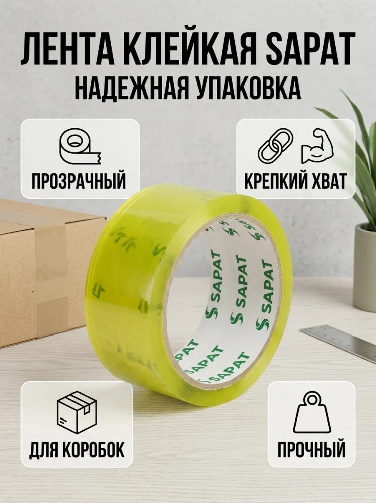 Скотч упаковочный прозрачный SAPAT, прочная клейкая лента для коробок и посылок
