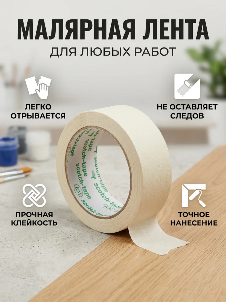 Малярный бумажный скотч, клейкая лента для ремонта, покраски и упаковки