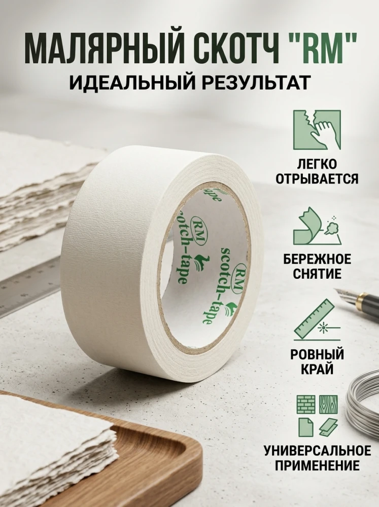 Малярный бумажный скотч, клейкая лента для ремонта, покраски и упаковки