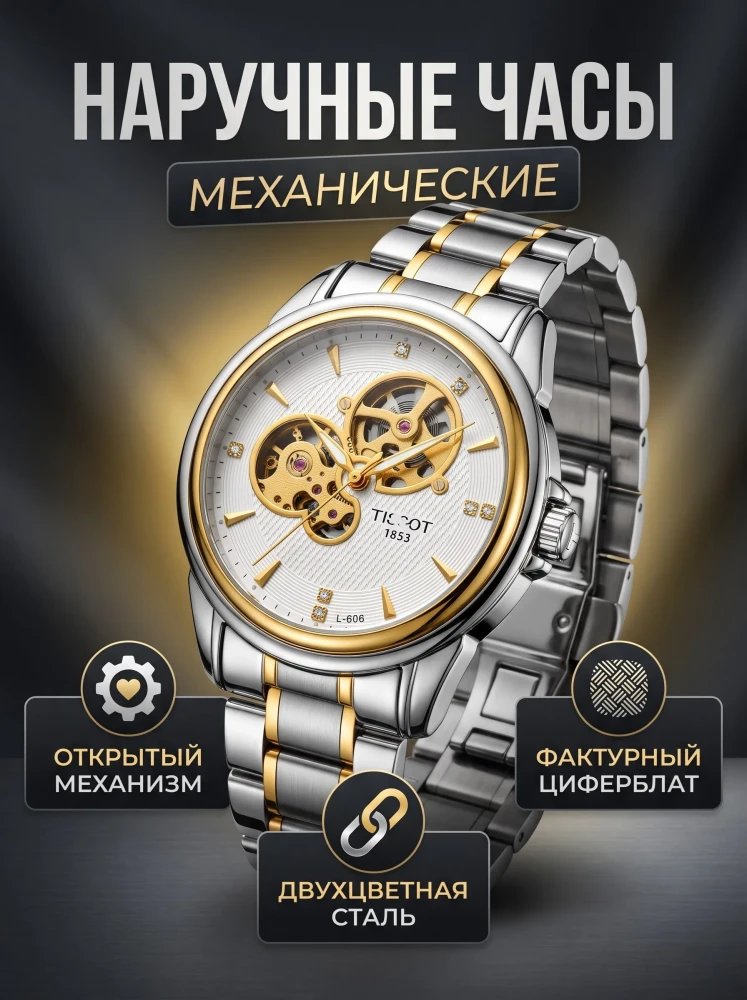 Наручные часы механические классические с открытым механизмом двухцветные