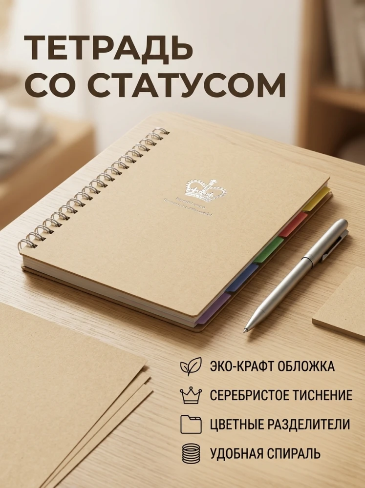 Тетрадь со статусом на спирали, эко-крафт обложка, цветные разделители