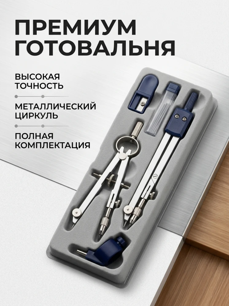 Готовальня премиум, металлический циркуль, полный комплект