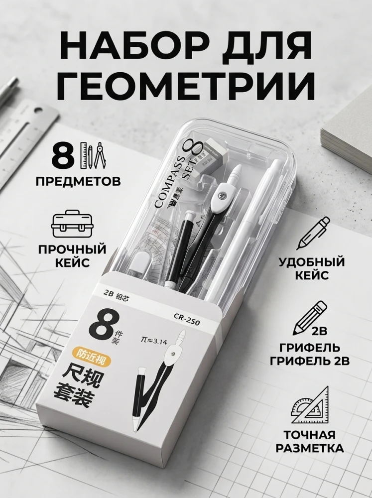 Набор для геометрии Compass Set CR-250, 8 предметов, с циркулем и пеналом