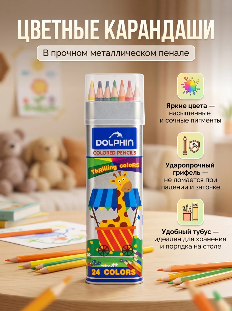 Цветные карандаши 24 цвета Dolphin в металлическом пенале набор для рисования и творчества