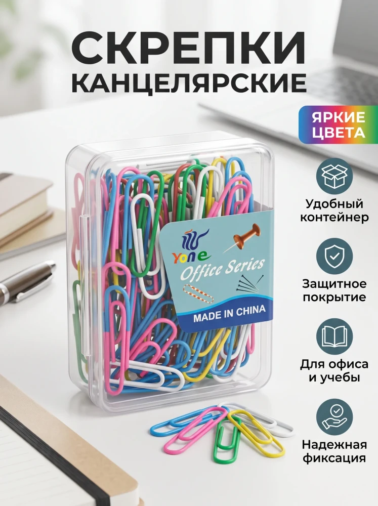 Скрепки канцелярские цветные Yone в пластиковом контейнере набор для офиса