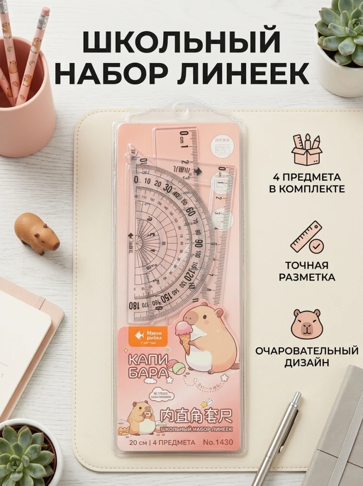 Школьный набор линеек 4 предмета, транспортир и треугольники в пенале