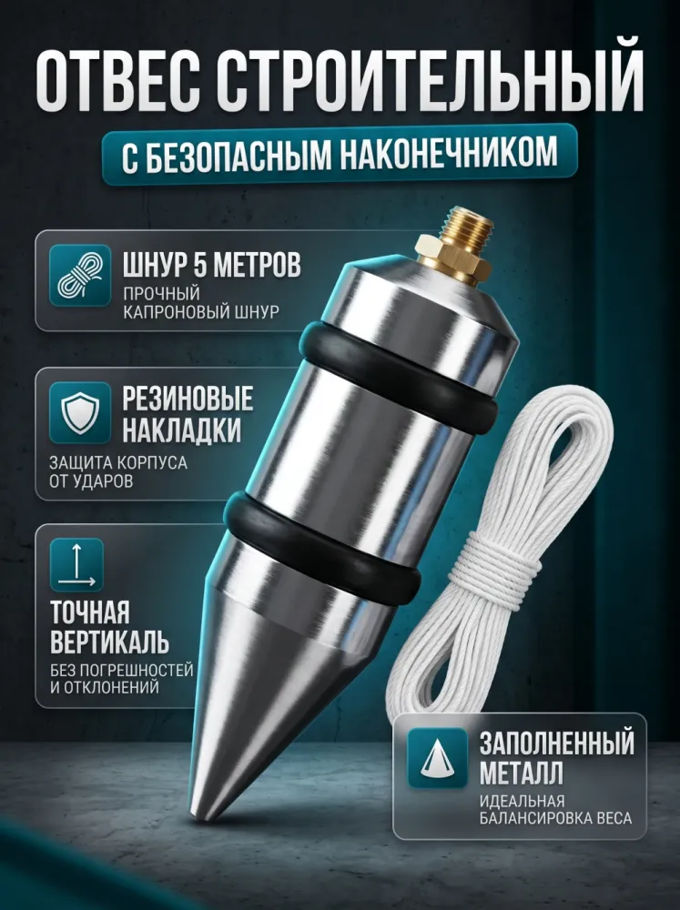 Отвес строительный с безопасным наконечником и шнуром 5 м