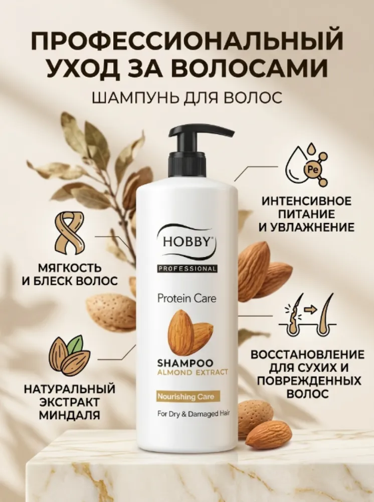 Шампунь HOBBY Professional Protein Care с экстрактом миндаля для сухих и поврежденных волос