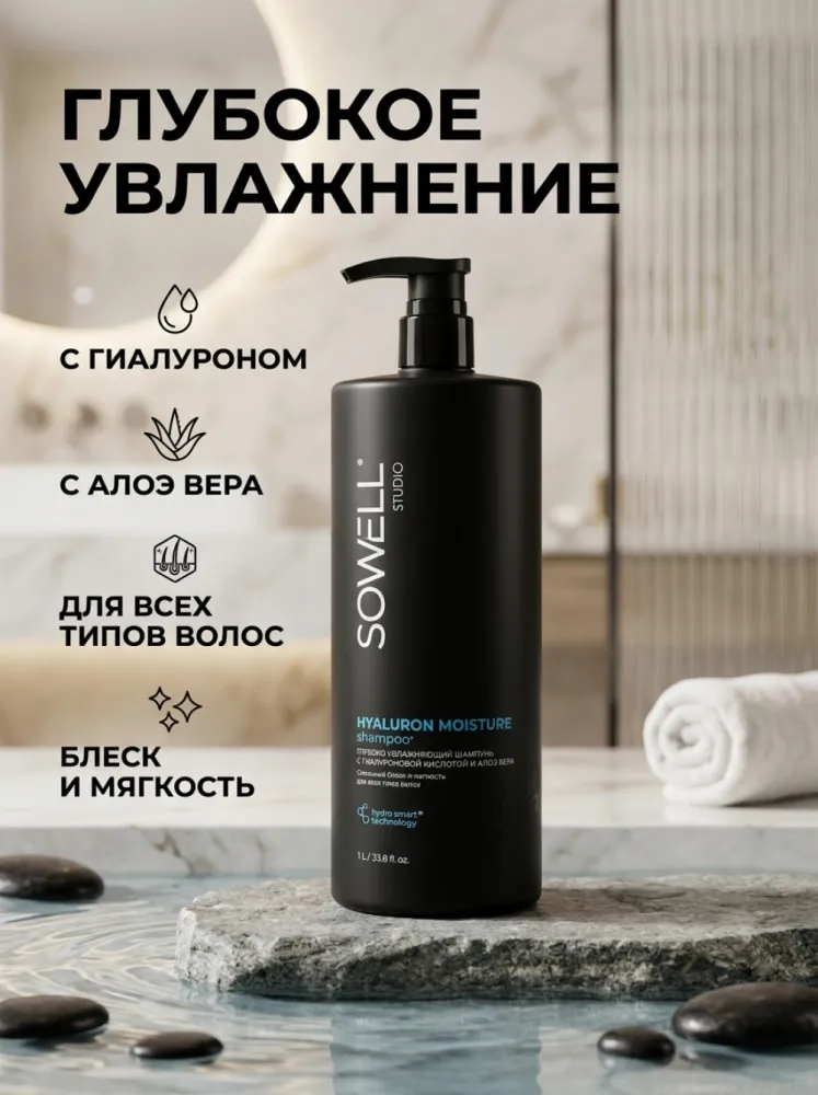 Шампунь Sowell Studio Hyaluron Moisture с гиалуроновой кислотой и алоэ вера, 1 л