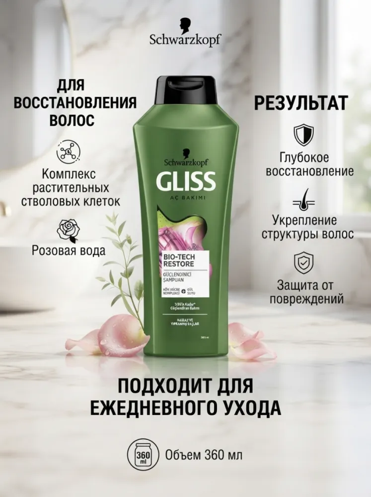 Шампунь Schwarzkopf Gliss Bio-Tech Restore, укрепляющий, для чувствительных и поврежденных волос.