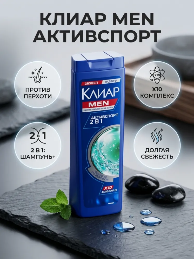 Шампунь и бальзам КЛИАР MEN Активспорт 2 в 1 против перхоти — мужской уход за волосами
