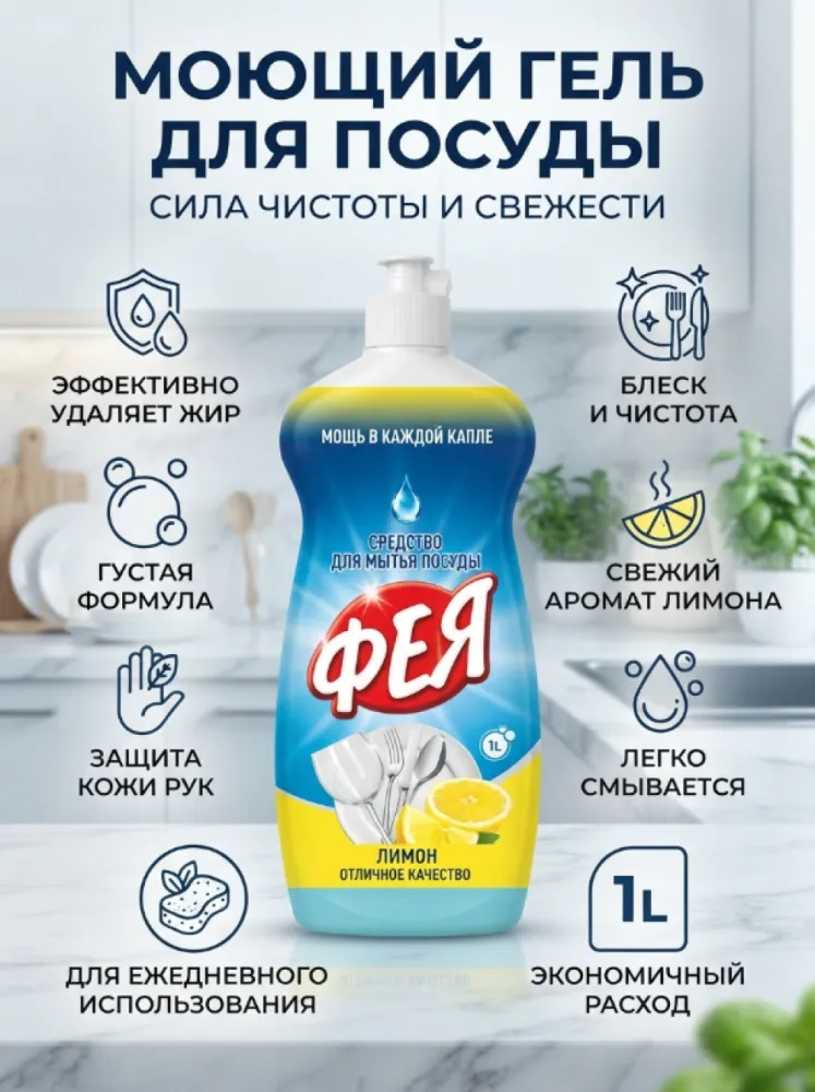 Средство для мытья посуды Фея с ароматом лимона, жидкость для удаления жира и загрязнений