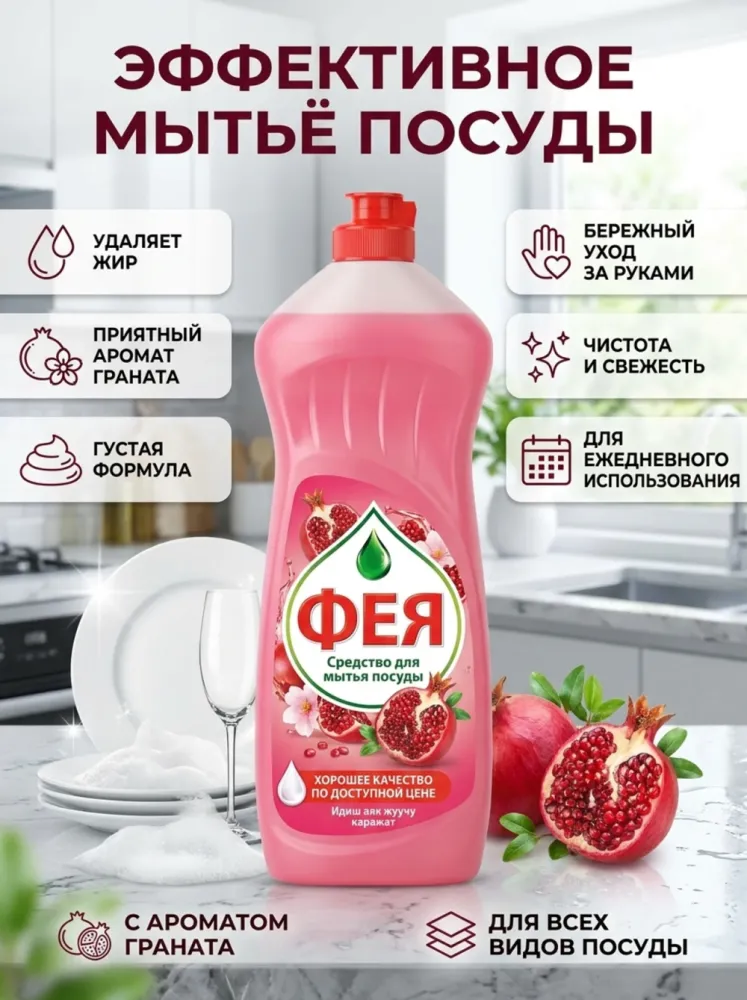 Средство для мытья посуды Фея с ароматом граната и ягод, жидкость для удаления жира и загрязнений