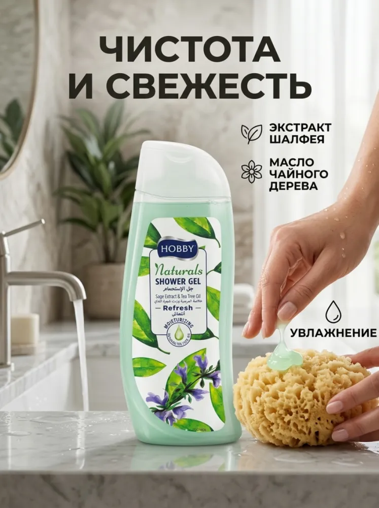Гель для душа HOBBY Naturals Refresh с экстрактом шалфея и маслом чайного дерева, 500 мл