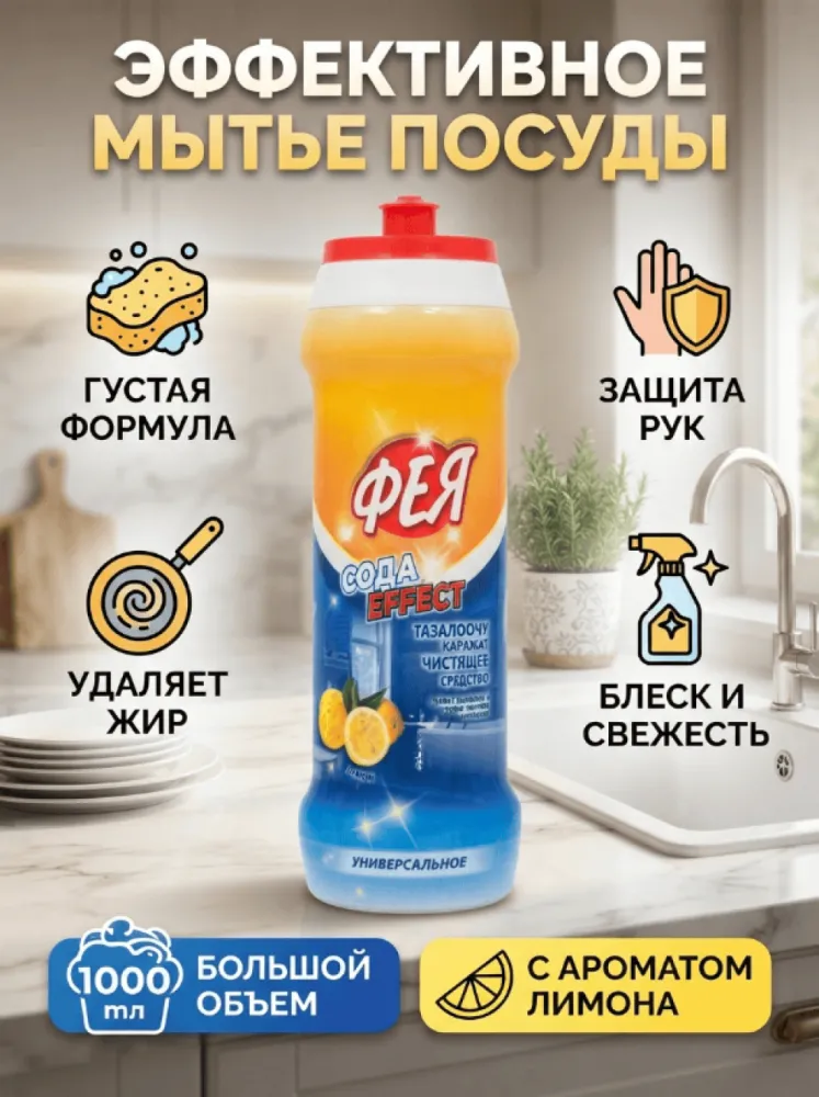 Чистящее средство Фея Сода Effect «Лимон», универсальное средство для кухни и ванной