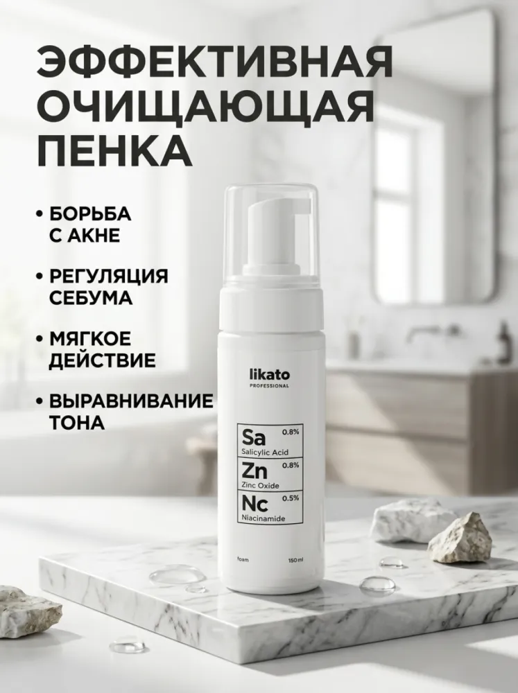 Пенка для умывания Likato Professional с салициловой кислотой 0,8%, оксидом цинка 0,8% и ниацинамидом 0,5%, 150 мл