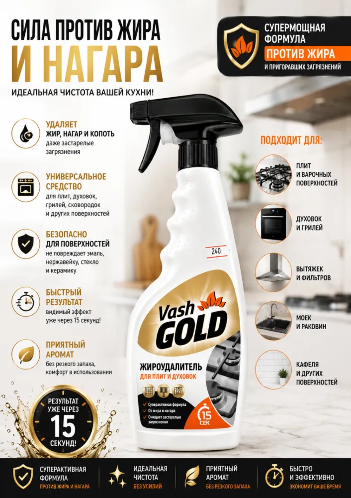 Средство для кухни Vash GOLD Жироудалитель для плит и духовок, от жира и нагара,