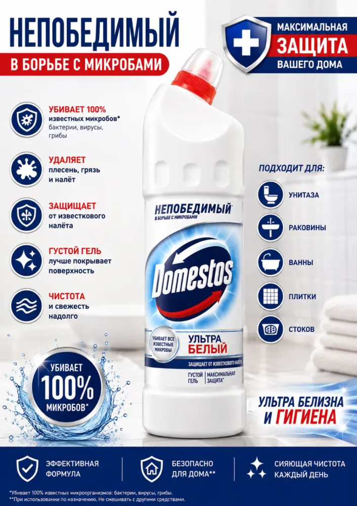 Гель для чистки туалета Domestos Ультра Белый густой гель против известкового налёта