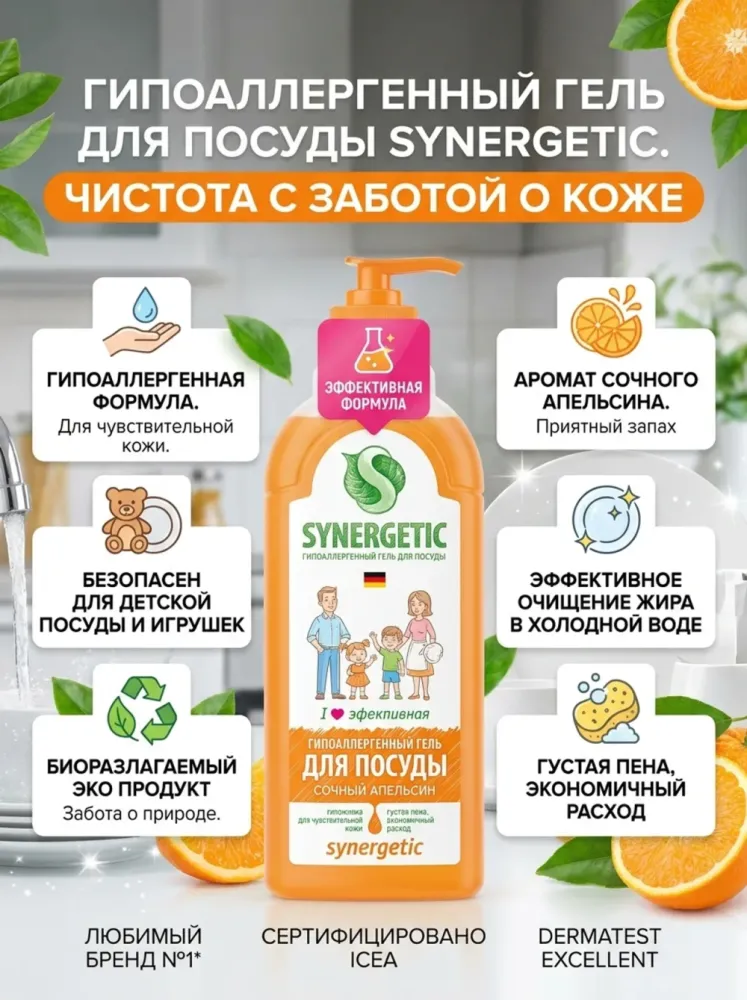 Гель для посуды Synergetic гипоаллергенный сочный апельсин