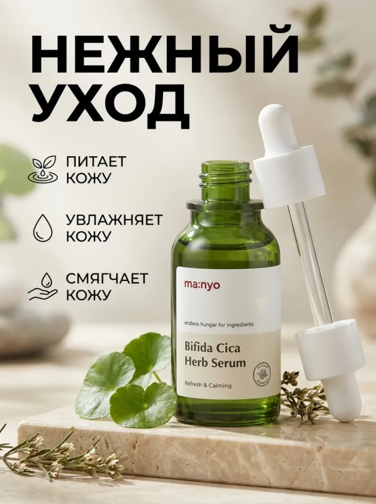 Сыворотка для лица ma:nyo Bifida Cica Herb Serum с бифидобактериями и центеллой, успокаивающая, для чувствительной и проблемной кожи, 50 мл