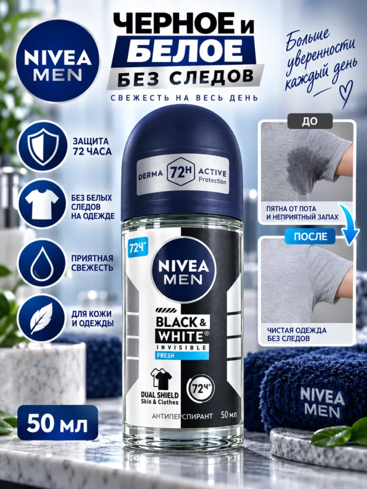 Антиперспирант-ролик мужской NIVEA MEN Black and White Invisible Fresh
