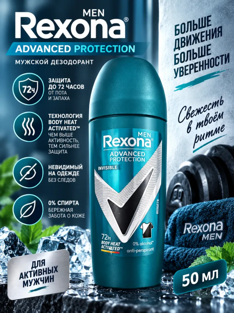 Антиперспирант-ролик мужской Rexona Men Advanced Protection Invisible