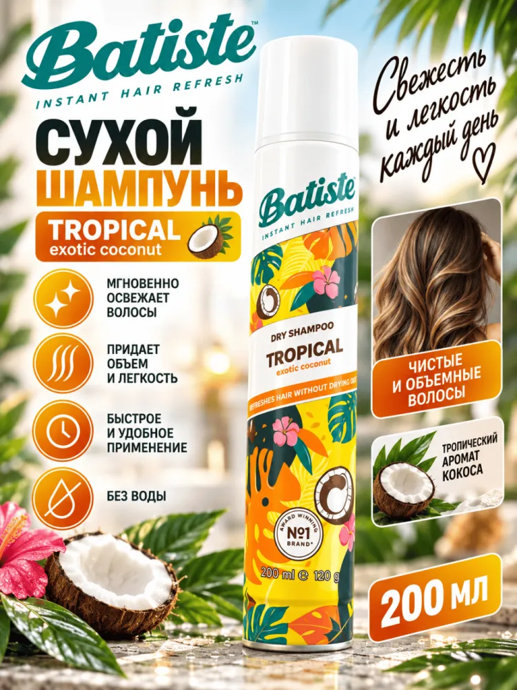 Сухой шампунь для волос Batiste Tropical Exotic Coconut 200 мл