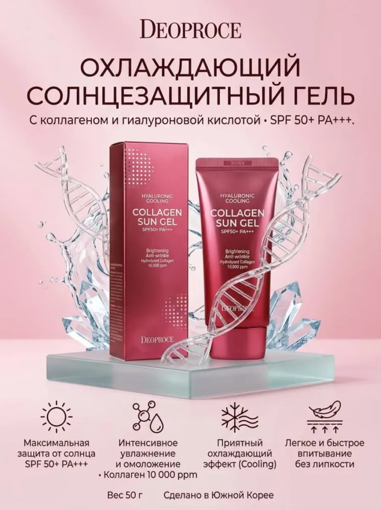Солнцезащитный гель для лица Deoproce Hyaluronic Cooling Collagen Sun Gel SPF50+ PA+++, 50 г