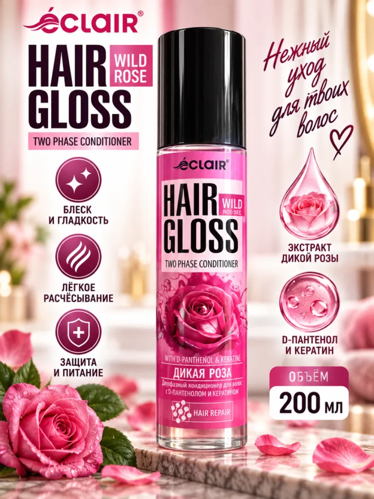 Двухфазный кондиционер-спрей для волос Eclair Hair Gloss Дикая роза 200 мл
