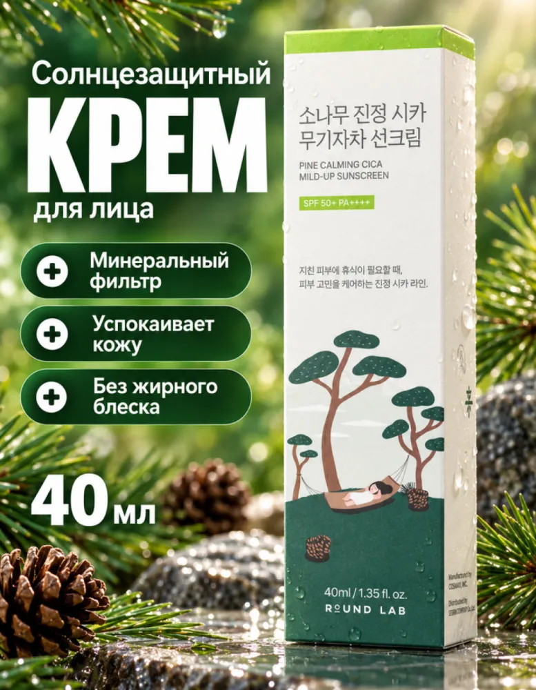 Крем солнцезащитный для лица ROUND LAB Pine Calming Cica Mild-Up Sunscreen SPF 50+ PA++++, 40 мл