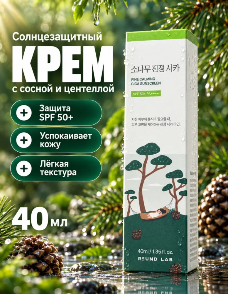 Крем солнцезащитный для лица ROUND LAB Pine Calming Cica Sunscreen SPF 50+ PA++++, 40 мл