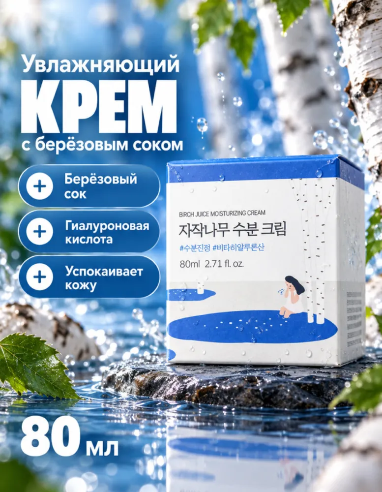 Крем для лица увлажняющий ROUND LAB Birch Juice Moisturizing Cream с берёзовым соком, 80 мл